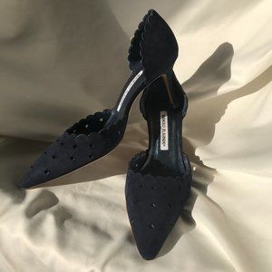 MANOLO BLAHNIK navy suede laser cut d'orsay heels